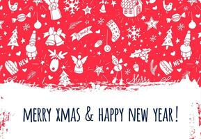 alegre Natal e feliz Novo ano cartão com rabiscos e símbolos vetor