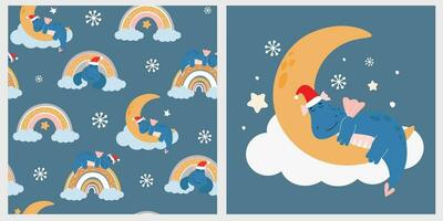 uma fofa pequeno desenho animado Dragão dorme em a lua. bebê padronizar com fantasia animais, arco-íris, estrelas e flocos de neve. vetor gráficos.