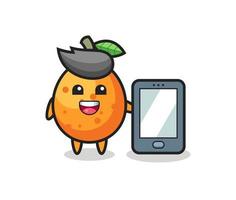 cartoon ilustração kumquat segurando um smartphone vetor