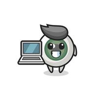 ilustração do mascote do globo ocular com um laptop vetor