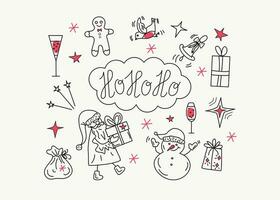 santa Parabéns Natal. presentes, boneco de neve, santa chapéu, alcoólico bebidas, Pão de gengibre cara. letras, mão desenhado ícones. vetor ilustração, doodle.