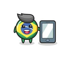 desenho animado da ilustração do distintivo da bandeira do brasil segurando um smartphone vetor