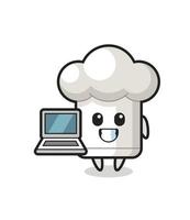 ilustração de mascote de chapéu de chef com um laptop vetor