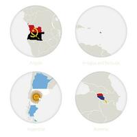 Angola, Antígua e barbuda, Argentina, Armênia mapa contorno e nacional bandeira dentro uma círculo. vetor