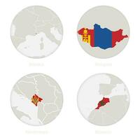 Mônaco, Mongólia, Montenegro, Marrocos mapa contorno e nacional bandeira dentro uma círculo. vetor
