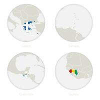 Grécia, granada, Guatemala, Guiné mapa contorno e nacional bandeira dentro uma círculo. vetor