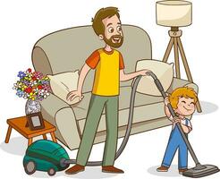 família tarefas domésticas. pais e crianças limpar \ limpo acima casa desenho animado vetor