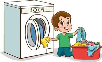 vetor ilustração do feliz fofa criança Faz lavanderia com lavando máquina