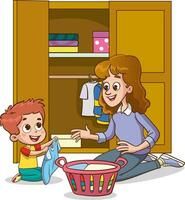 vetor ilustração do fofa crianças colocando seus roupas dentro a guarda roupa com seus mãe