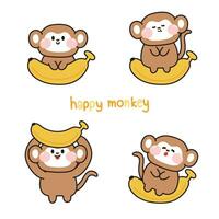 conjunto do fofa macaco com banana fruta.selvagem animal personagem desenho animado design.imagem para cartão, cartaz, adesivo, bebê roupas.isoladas.kawaii.vetor.ilustração. vetor