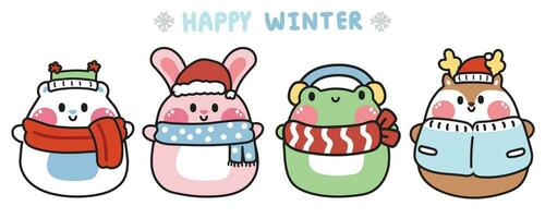 conjunto do fofa gordo animal dentro inverno roupas.desenhos animados animal personagem vetor