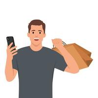 jovem homem segurando Smartphone e compras bolsa. vetor