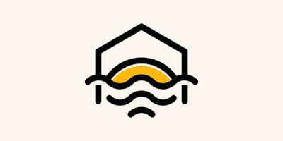 logotipo Projeto combinando a forma do uma casa com uma Visão do a pôr do sol sobre a ondas. vetor