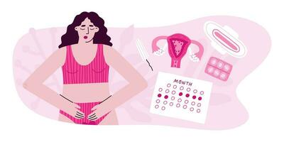 calendário período do menstruação. significa do higiene durante a período. pms, calendário, mulher dentro roupa de baixo, estômago dor. vetor ilustração dentro plano estilo.