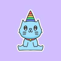 gato kawaii com chifre de unicórnio arco-íris. ilustração para adesivo vetor