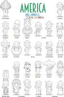 crianças e nacionalidades do América. vetor conjunto do 25 personagens para coloração vestido dentro diferente nacional figurinos.