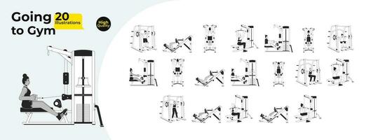 exercite-se Academia pessoas Preto e branco desenho animado plano ilustração pacote. musculação Esportes 2d lineart personagens isolado. alongamento. fisiculturista máquinas monocromático vetor esboço imagem coleção