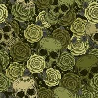 verde camuflar padronizar com humano crânio, rosas vetor