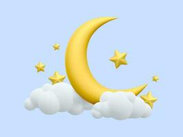 3d realista amarelo crescente lua com estrelas e nuvens. sonhar, canção de ninar, sonhos Projeto fundo para bandeira, folheto, livreto, poster ou local na rede Internet. vetor ilustração
