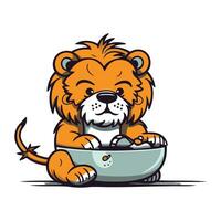 fofa desenho animado leão com uma tigela do água. vetor ilustração.