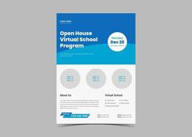 design de modelo de panfleto de escola virtual de casa aberta. vetor