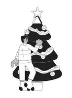 africano americano Garoto decoração natal árvore Preto e branco 2d desenho animado personagem. Preto masculino adolescente segurando bugiganga isolado vetor esboço pessoa. suspensão Natal monocromático plano local ilustração