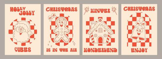 engraçado alegre Natal cartazes com retro desenho animado personagens. moderno vetor ilustração com anos 80 pulgões.