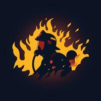 bombeiro, bombeiro emergente a partir de uma enfurecido fogo fechar acima logotipo símbolo vetor ilustração, fogo brigada logotipo estoque vetor imagem