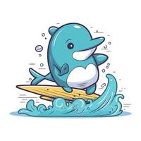 ilustração do uma fofa desenho animado golfinho surfar em uma prancha de surfe. vetor