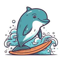 desenho animado golfinho. vetor ilustração do uma golfinho com prancha de surfe.