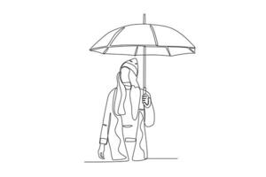uma mulher desgasta a guarda-chuva dentro a chuva vetor