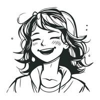 sorridente menina com grandes cabelo. vetor ilustração dentro Preto e branco.