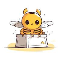 fofa desenho animado abelha sentado em a Comida caixa. vetor ilustração.