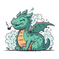 vetor ilustração do uma fofa verde Dragão com fumar tubo em branco fundo.