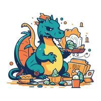 vetor ilustração do uma Dragão comendo uma muitos do Comida. isolado em branco fundo.