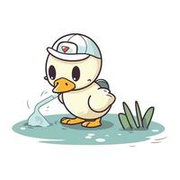 ilustração do uma fofa pequeno Pato vestindo uma boné e balde vetor