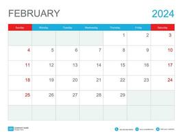 fevereiro 2024 calendário de modelos 2024 Projeto , escrivaninha calendário 2024 modelo, planejador simples, semana começa Domingo, papelaria, parede calendário, impressão, anúncio, vetor ilustração
