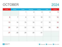 Outubro 2024 calendário de modelos 2024 Projeto , escrivaninha calendário 2024 modelo, planejador simples, semana começa Domingo, papelaria, parede calendário, impressão, anúncio, vetor ilustração
