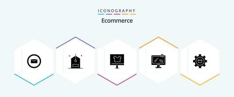comércio eletrônico 25 glifo ícone pacote Incluindo carrinho. comércio eletrônico. vestuário. monitor. e vetor