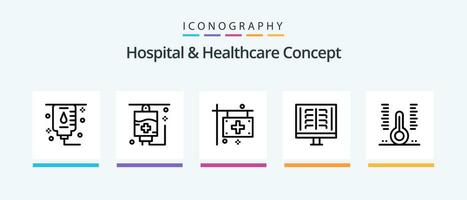 hospital e cuidados de saúde conceito linha 5 ícone pacote Incluindo . hospital. finança. assistência médica. saudável. criativo ícones Projeto vetor