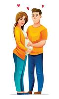 feliz grávida esposa abraçando dela barriga com marido, esperando para bebê com amar. vetor desenho animado ilustração