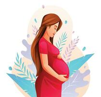 grávida mulher abraçando dela barriga com natureza folhas fundo. vetor desenho animado ilustração