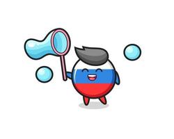 desenho animado do distintivo da bandeira da Rússia feliz jogando bolha de sabão vetor