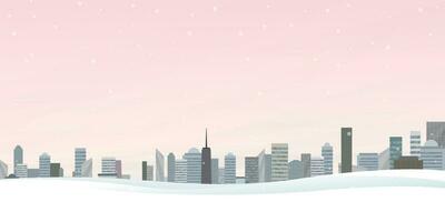 paisagem urbana com queda de neve e baunilha céu vetor ilustração ter em branco espaço. edifícios silhueta contra a céu dentro inverno plano Projeto.