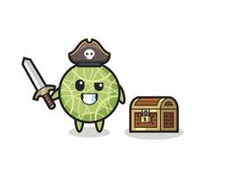 o personagem pirata da fruta melão segurando uma espada ao lado de uma caixa de tesouro vetor