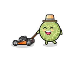 ilustração do personagem de fruta melão usando cortador de grama vetor