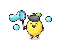 desenho animado de limão feliz jogando bolha de sabão vetor