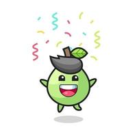 mascote de goiaba feliz pulando de parabéns com confete colorido vetor