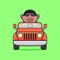 ilustração do ícone do desenho animado bonito menino gordo dirigindo carro vetor