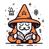 dia das Bruxas bruxa dentro laranja chapéu lendo livro. vetor ilustração dentro linha arte estilo.